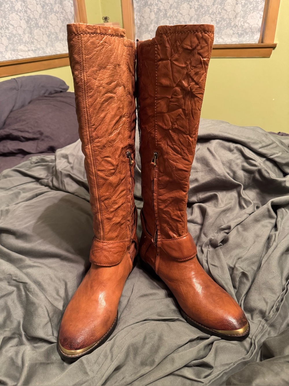 Sam Edelman Presley Cognac Crushed Leather Harness Knee High Boots